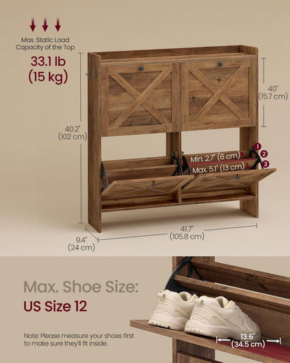 VASAGLE Shoe Storage Cabinet Organizer with 4 Flip Drawers, Freestanding Narrow Shoe Rack Cabinet