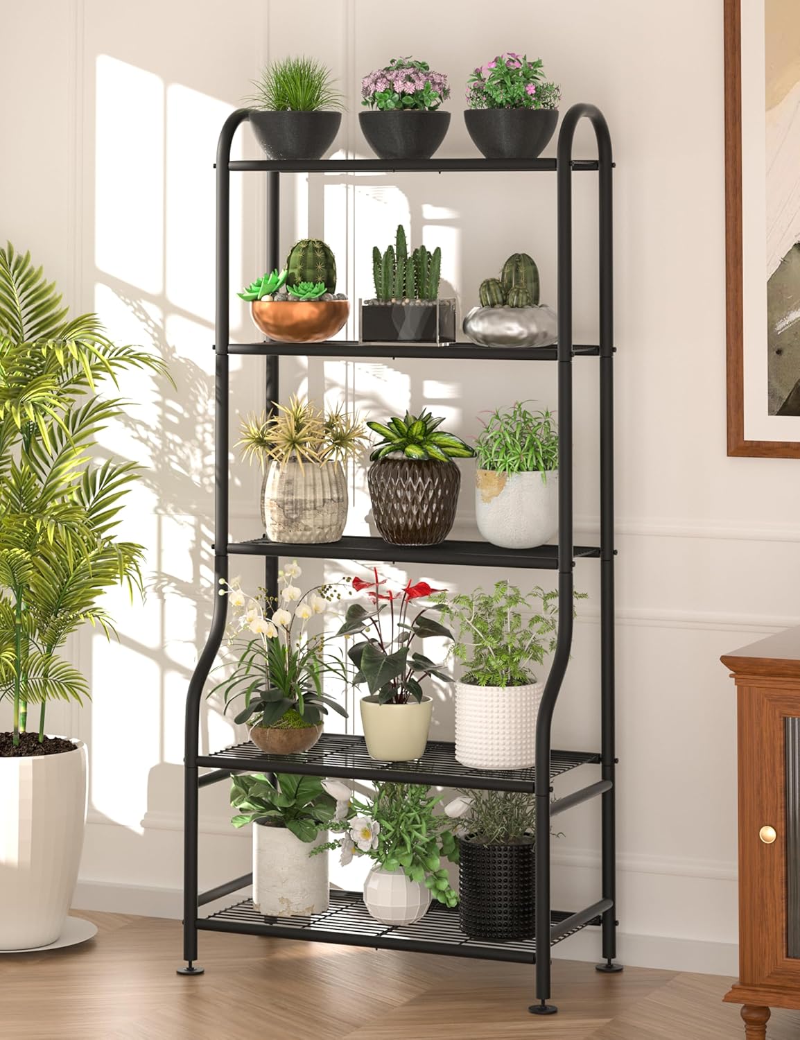 5-Tier Metal Plant Stand Indoor Outdoor, Waterproof Flower Stand for Multiple Pots, Heavy Duty