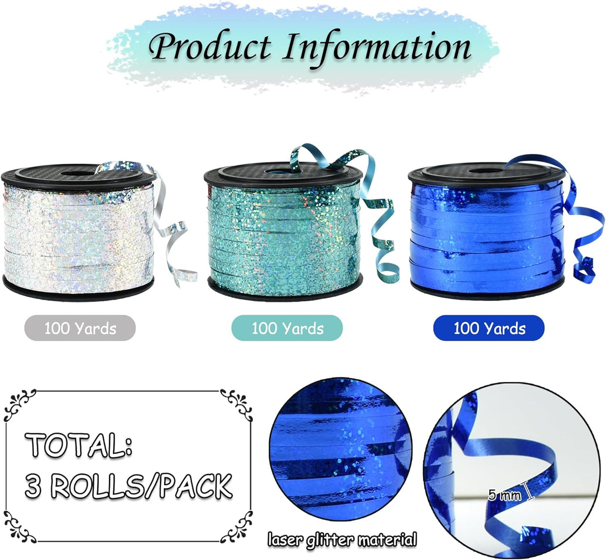 BEISHIDA Blue Blue Silver Curling Ribbons Balloon String Ribbons - 3 Pack 100 Yards for Gift