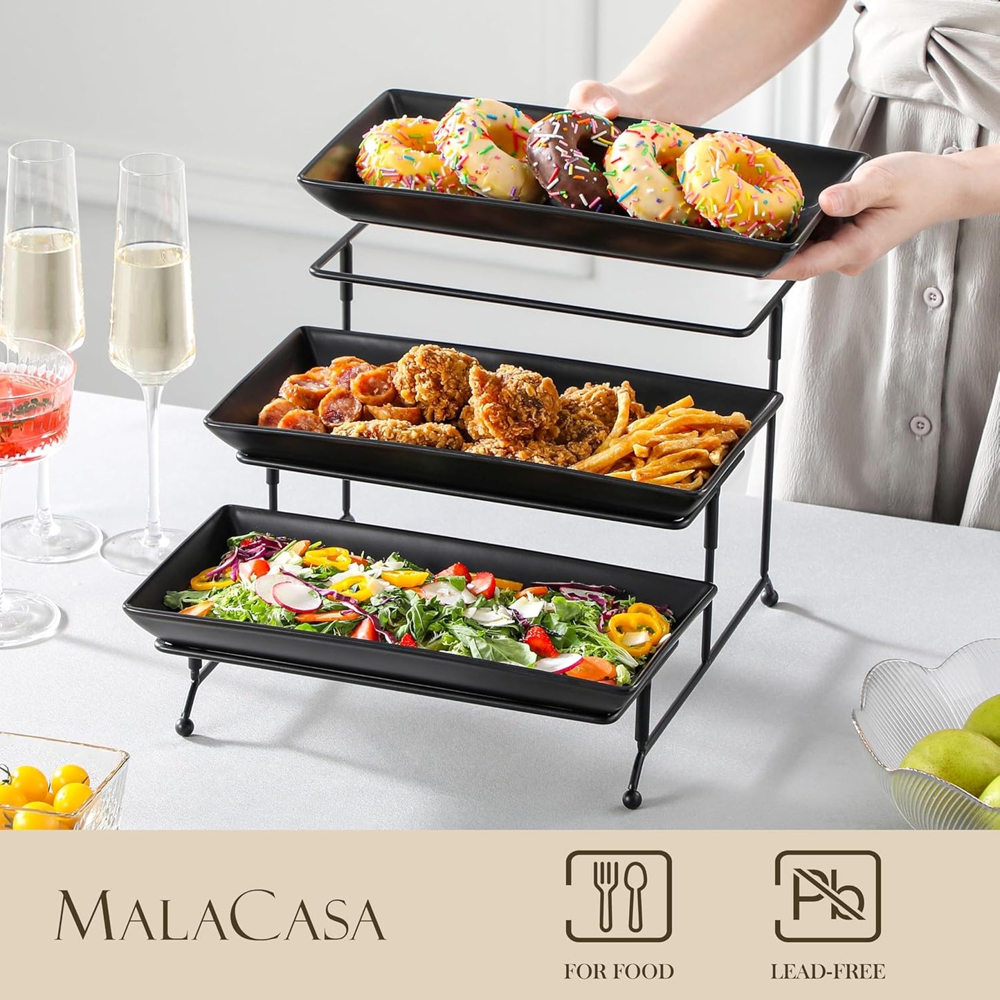MALACASA 3 Tier Serving Trays for Party, Stoneware Serving Platters and Trays, 12 Inch Tiered Tray