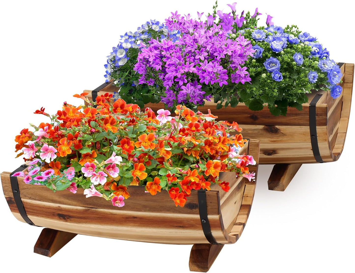 IDZO Solid Acacia Wood Half Barrel Planters Outdoor Set of 2 Different Sizes, Wooden Planters for
