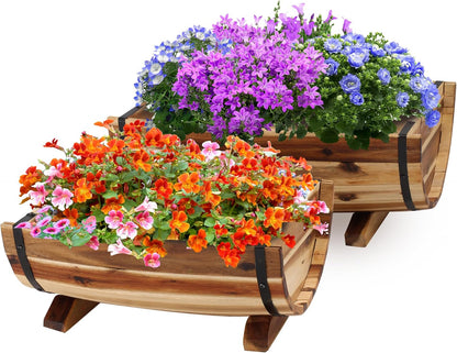 IDZO Solid Acacia Wood Half Barrel Planters Outdoor Set of 2 Different Sizes, Wooden Planters for