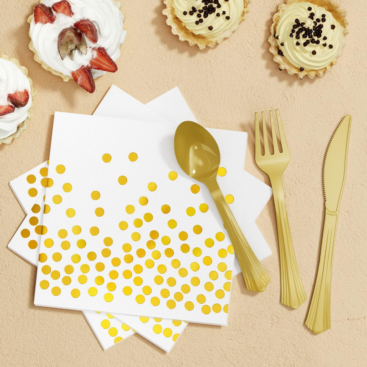 White and Gold Party Supplies, 350PCS Disposable Dinnerware Set w/White Paper Plates Napkin Cups