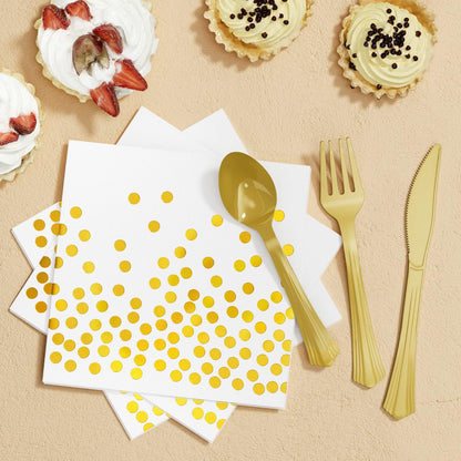 White and Gold Party Supplies, 350PCS Disposable Dinnerware Set w/White Paper Plates Napkin Cups