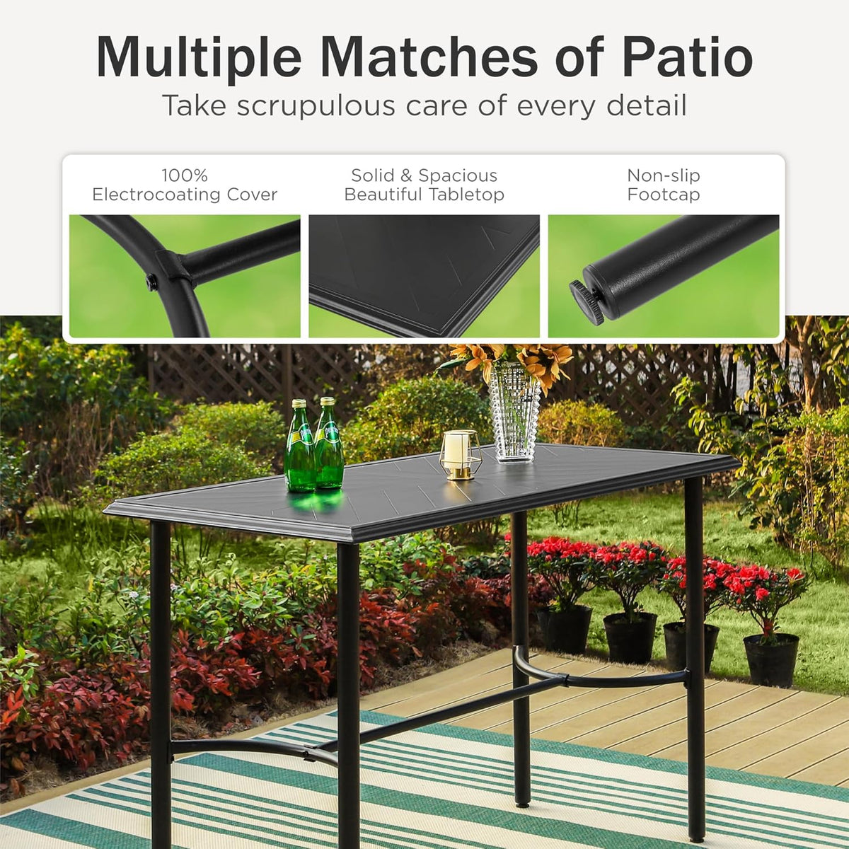 PHI VILLA Outdoor Patio Bar Table for 4-6, Counter Height Rectangle Bar Table with All Weather