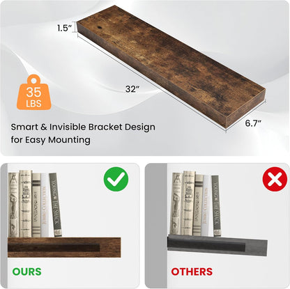 Floating Shelves for Wall, 31.5"W x 6.7"D x 1.5"H, Wooden Wall Mounted Display Shelf with Invisible