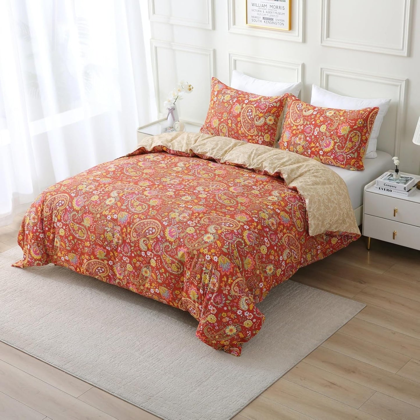ABREEZE Paisley Bedding Sets 3Pcs Brushed Cotton Duvet Cover Set Queen Size Rustic Damask Red