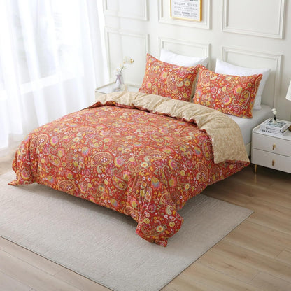ABREEZE Paisley Bedding Sets 3Pcs Brushed Cotton Duvet Cover Set Queen Size Rustic Damask Red
