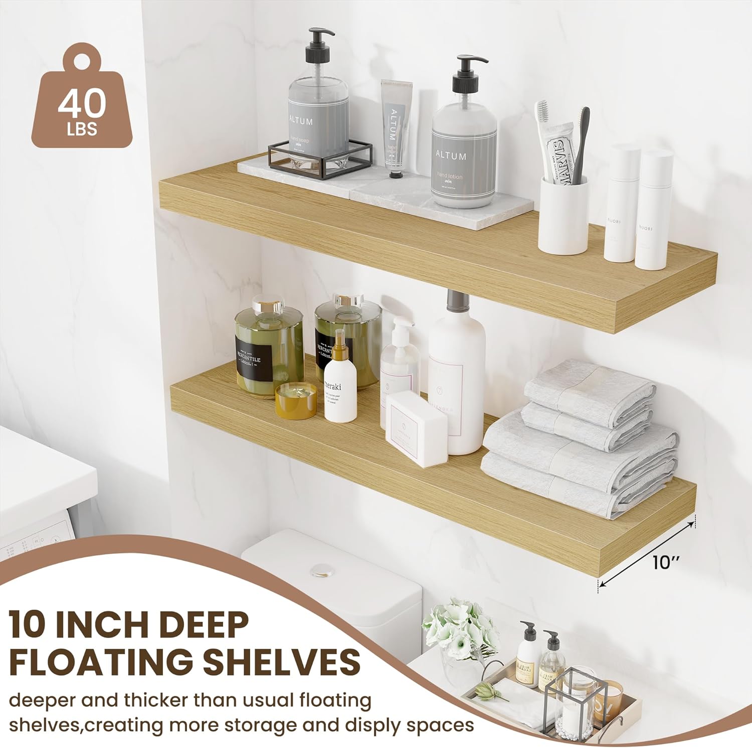 Fun Memories Floating Shelves for Wall 36 Inches, Wood Shelves with Invisible Bracket, 10" Deep