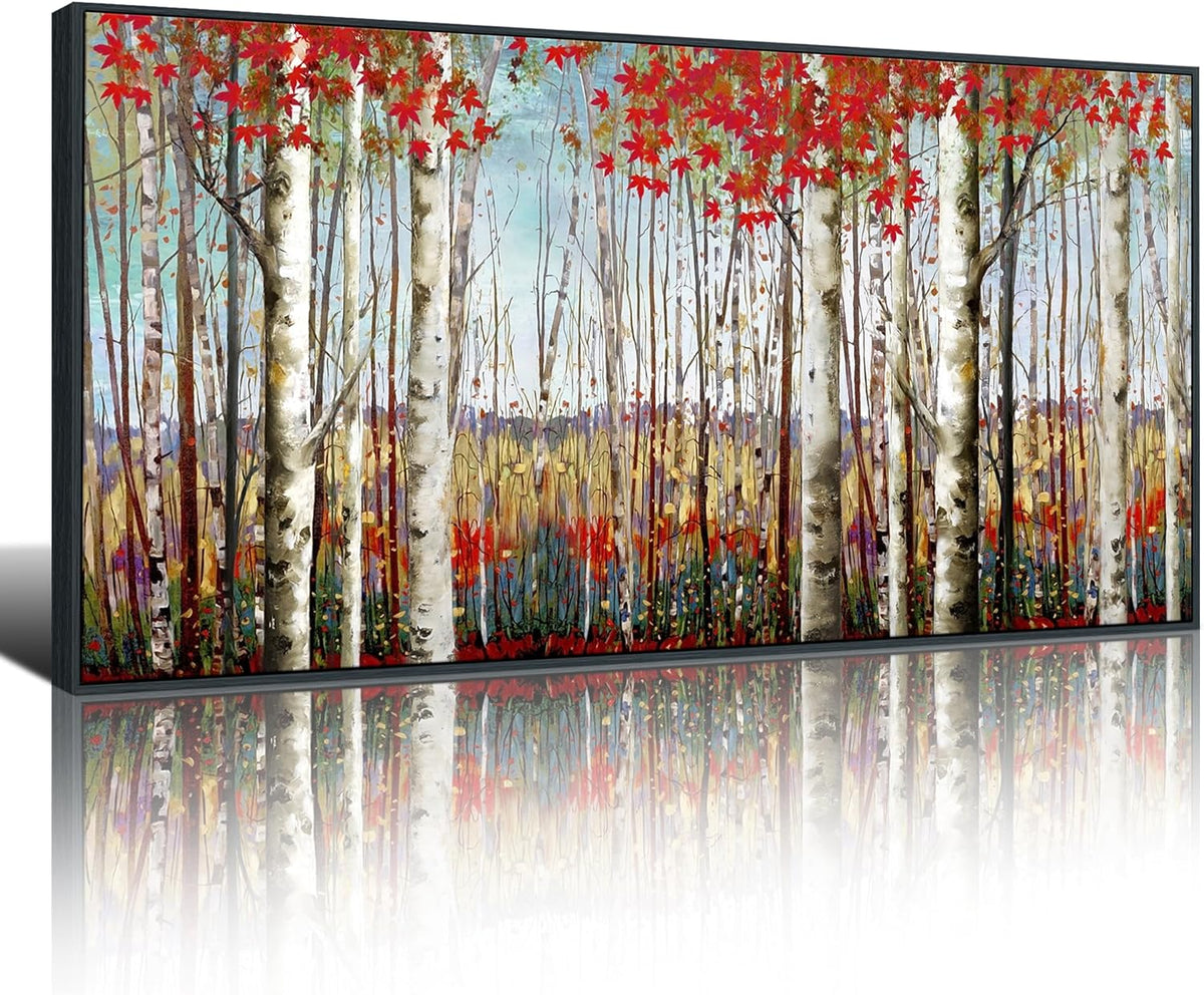Mofutinpo Large Framed Wall Decor canvas Red Leaves White Birch Tree Wall Art For Living Room