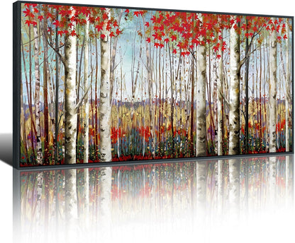 Mofutinpo Large Framed Wall Decor canvas Red Leaves White Birch Tree Wall Art For Living Room