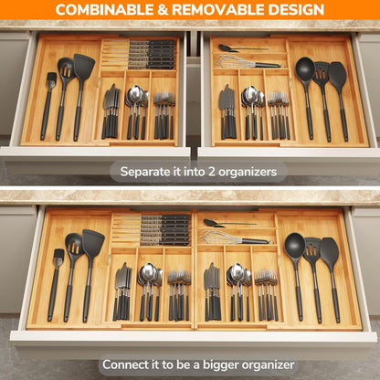 BAMEOS Expandable Silverware Drawer Organizer with Removable Knife Blocks, Bamboo Kitchen Utensil