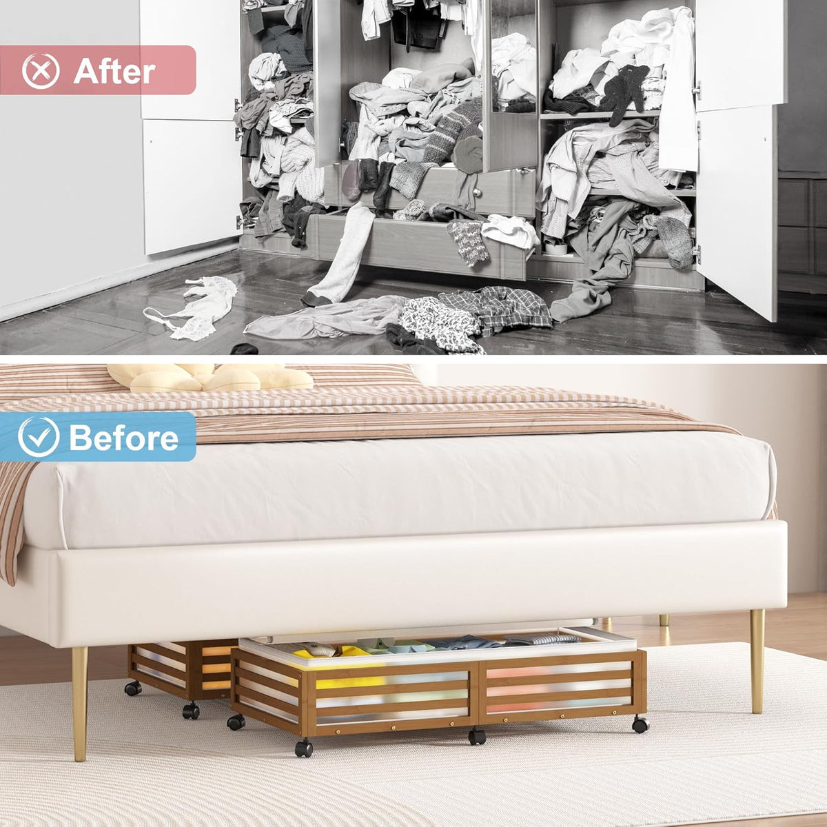 Under Bed Storage Containers With Wheels - 2 Pcs Large Bamboo Wood Rolling Underbed Shoe Storage