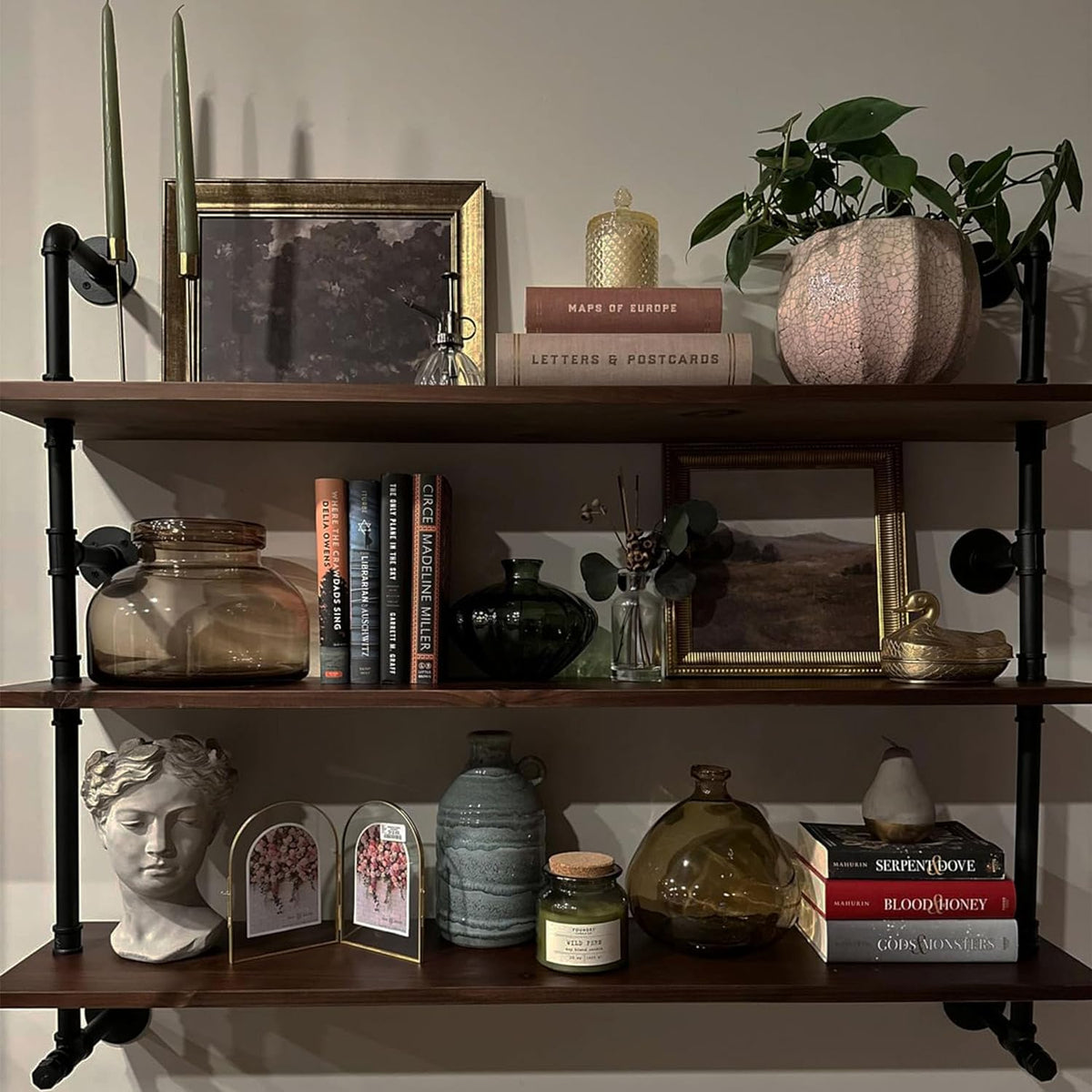 Industrial Pipe Wall Shelves Pipe Shelving with Real Wood Plank ,48 Inches Floating Shelves for