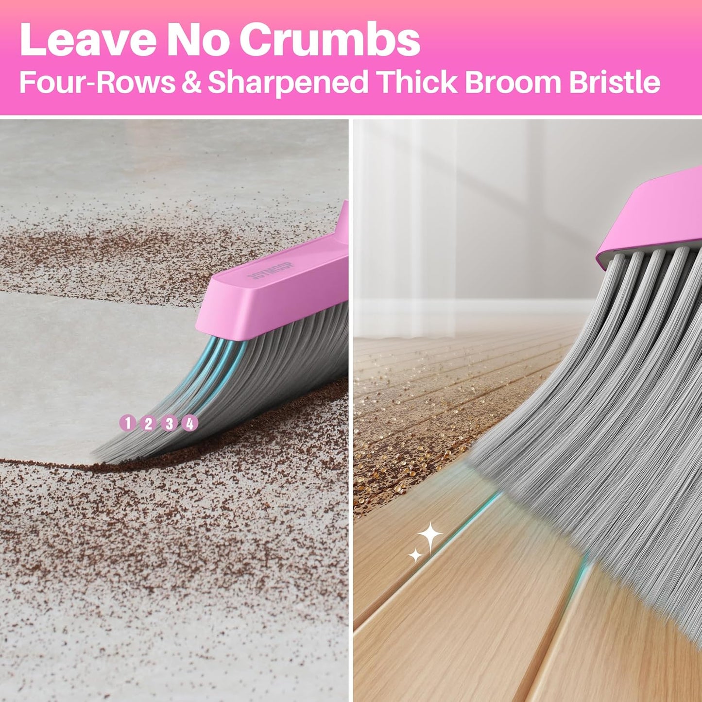 JOYMOOP Pink Broom and Dustpan Set, Upright Angle with Built-in Comb Teeth for Kitchen, Lobby, Pet