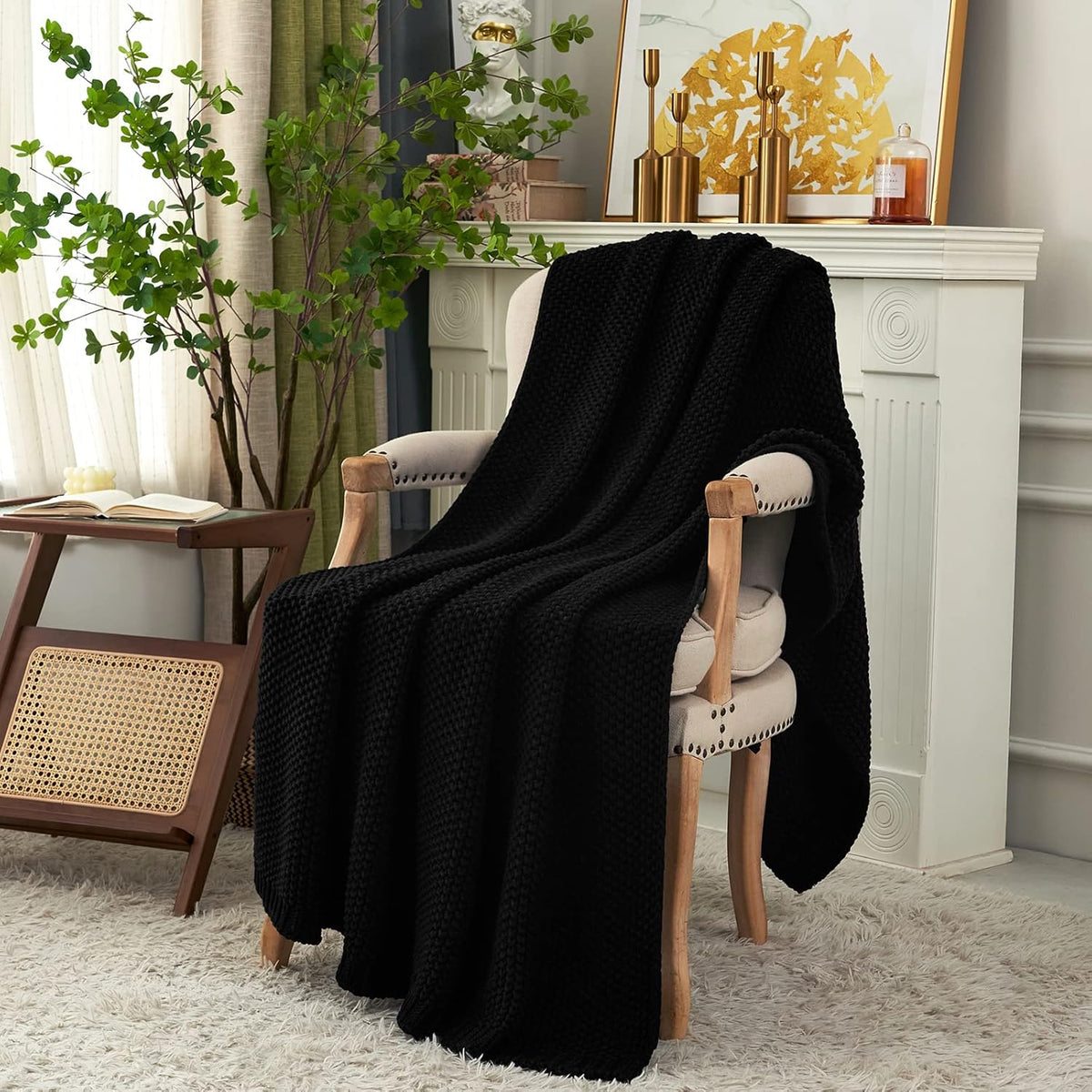 Longhui bedding Chunky Cable Knit Throw Blanket Lightweight Black 100% Organic Cotton Blanket for