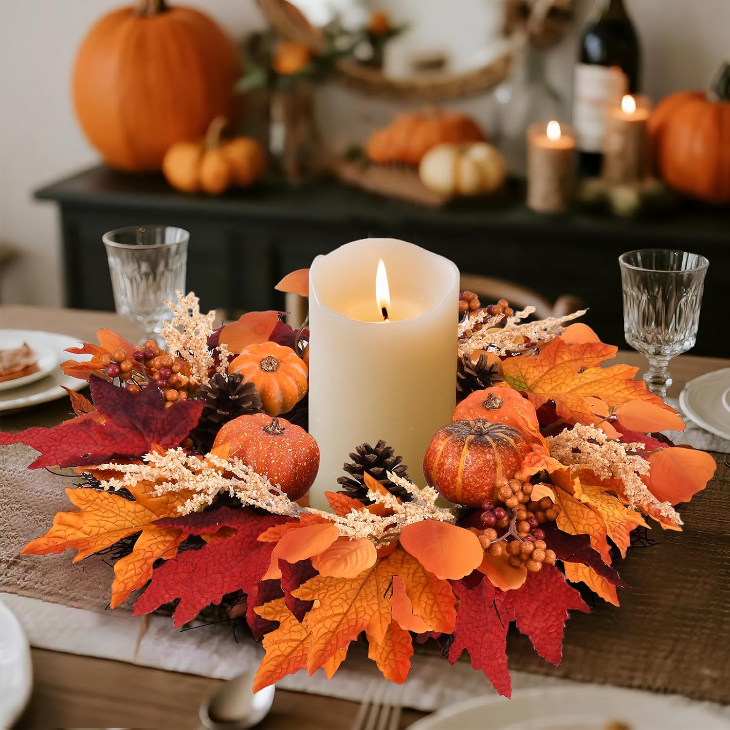 20 Inch Thanksgiving Fall Wreath, Berries Pumpkins Maple Leaves Pine Cones Autumn Wreaths with Hook