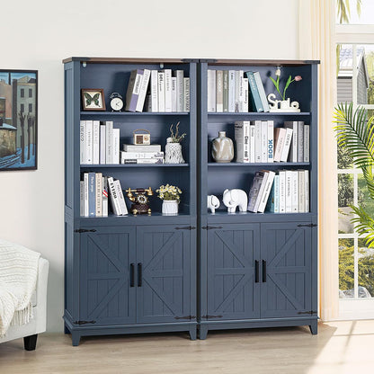 70in Tall Bookshelf 5 Tier Bookcase with Barn Doors and Adjustable Shelves, Blue Farmhouse Book