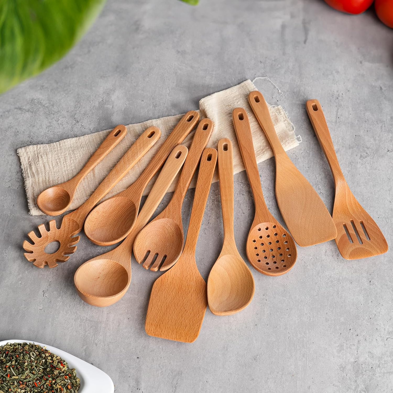 11 PCS WOSPONFAN Kitchen Utensils Set - Wooden Spoons for Cooking, Natural Beech Wood Wooden