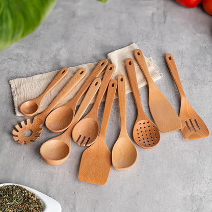 11 PCS WOSPONFAN Kitchen Utensils Set - Wooden Spoons for Cooking, Natural Beech Wood Wooden