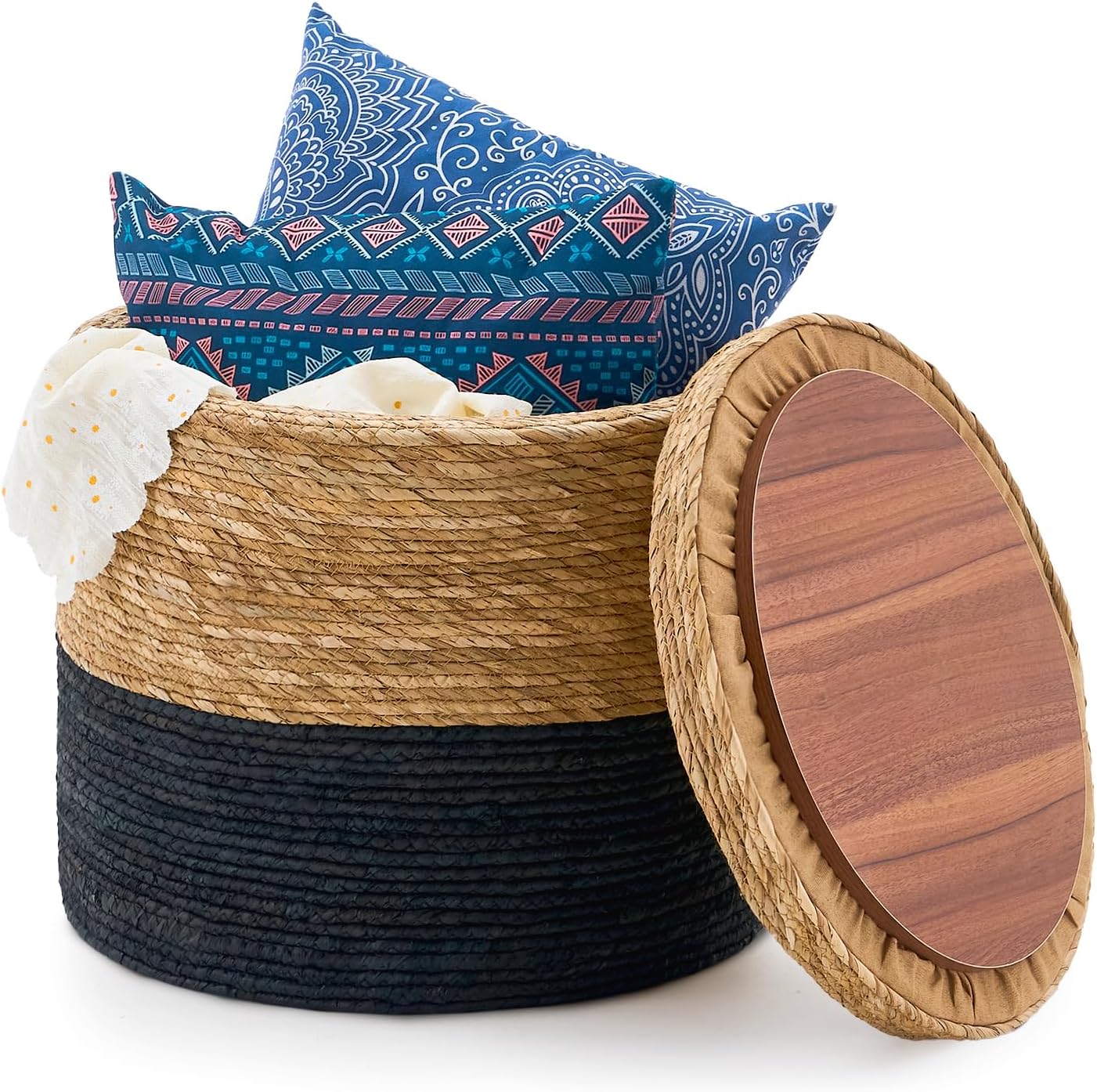Wimarsbon 18'' Ottoman Pouf, Natural Braided Poof, Rustic Handweave Lounge Pouffe, Boho Footrest