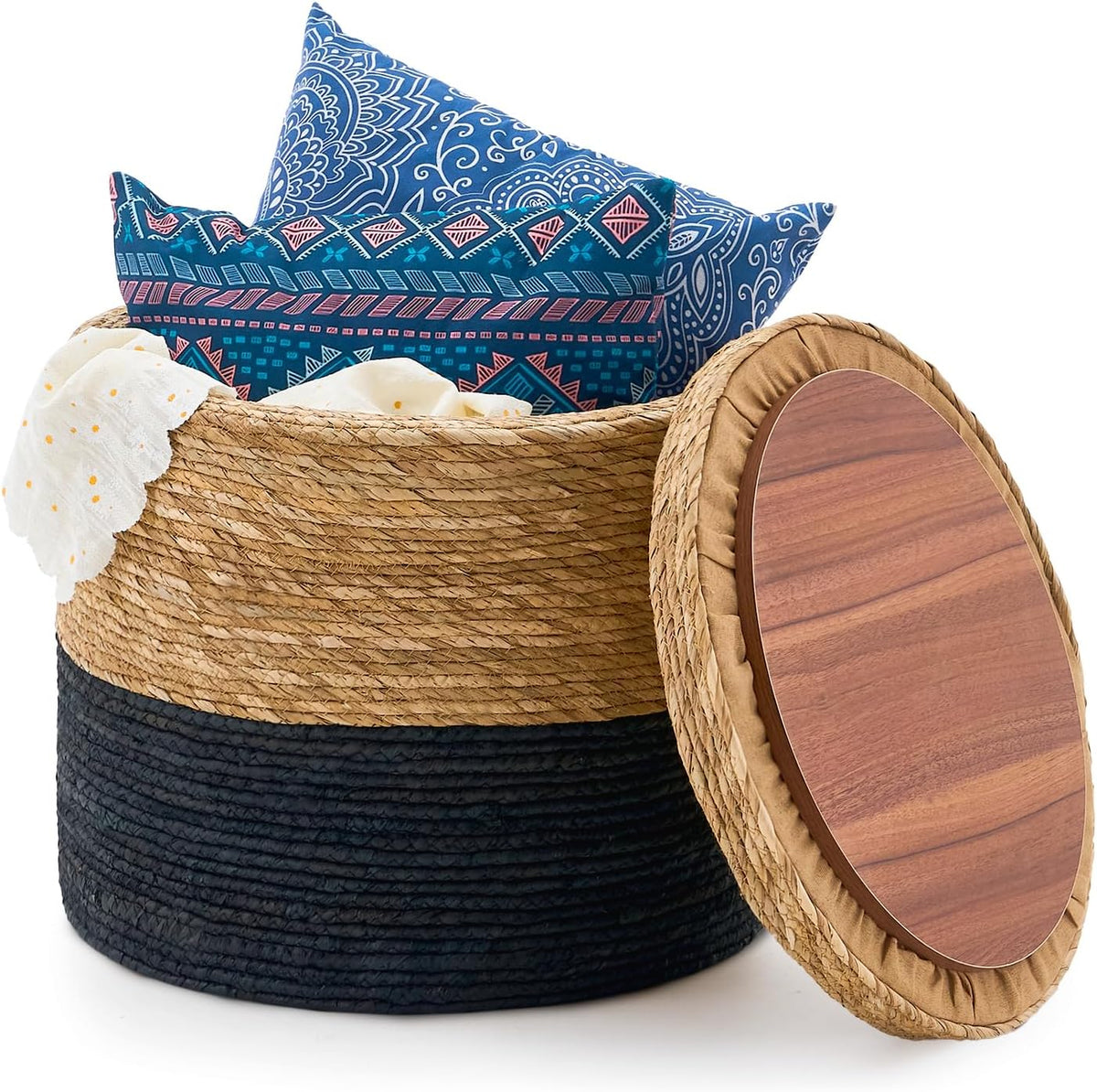 Wimarsbon 18'' Ottoman Pouf, Natural Braided Poof, Rustic Handweave Lounge Pouffe, Boho Footrest