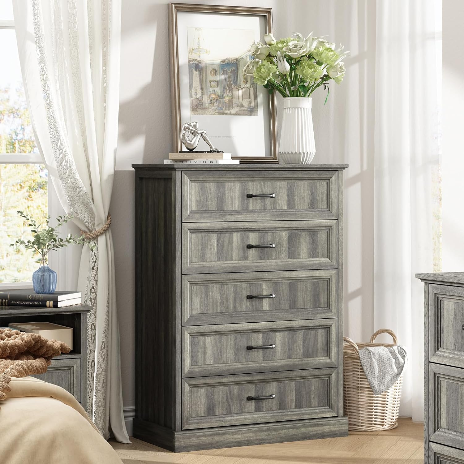 Farmhouse 5 Drawers Dresser for Bedroom, 44" Tall Grey dresser Wood Rustic Chest of Drawers with