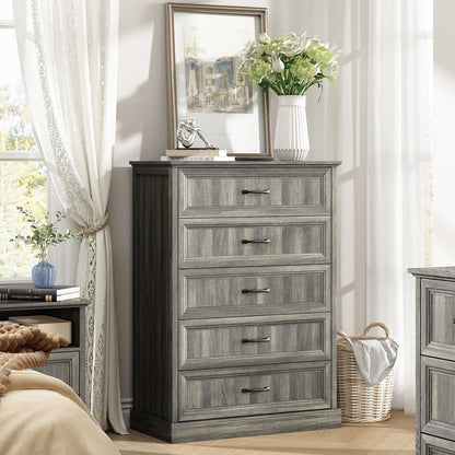 Farmhouse 5 Drawers Dresser for Bedroom, 44" Tall Grey dresser Wood Rustic Chest of Drawers with