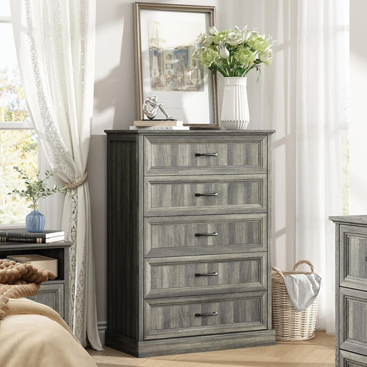 Farmhouse 5 Drawers Dresser for Bedroom, 44" Tall Grey dresser Wood Rustic Chest of Drawers with