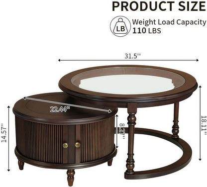31.5'' Nesting Coffee Table Set of 2, Solid Wood Round Nesting Coffee Table Fluted with Storage
