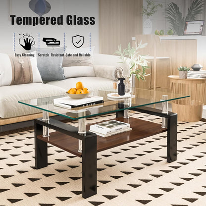Tempered Glass Coffee Table Rectangle Living Room Center Table, with 39" Clear Top and Brown MDF