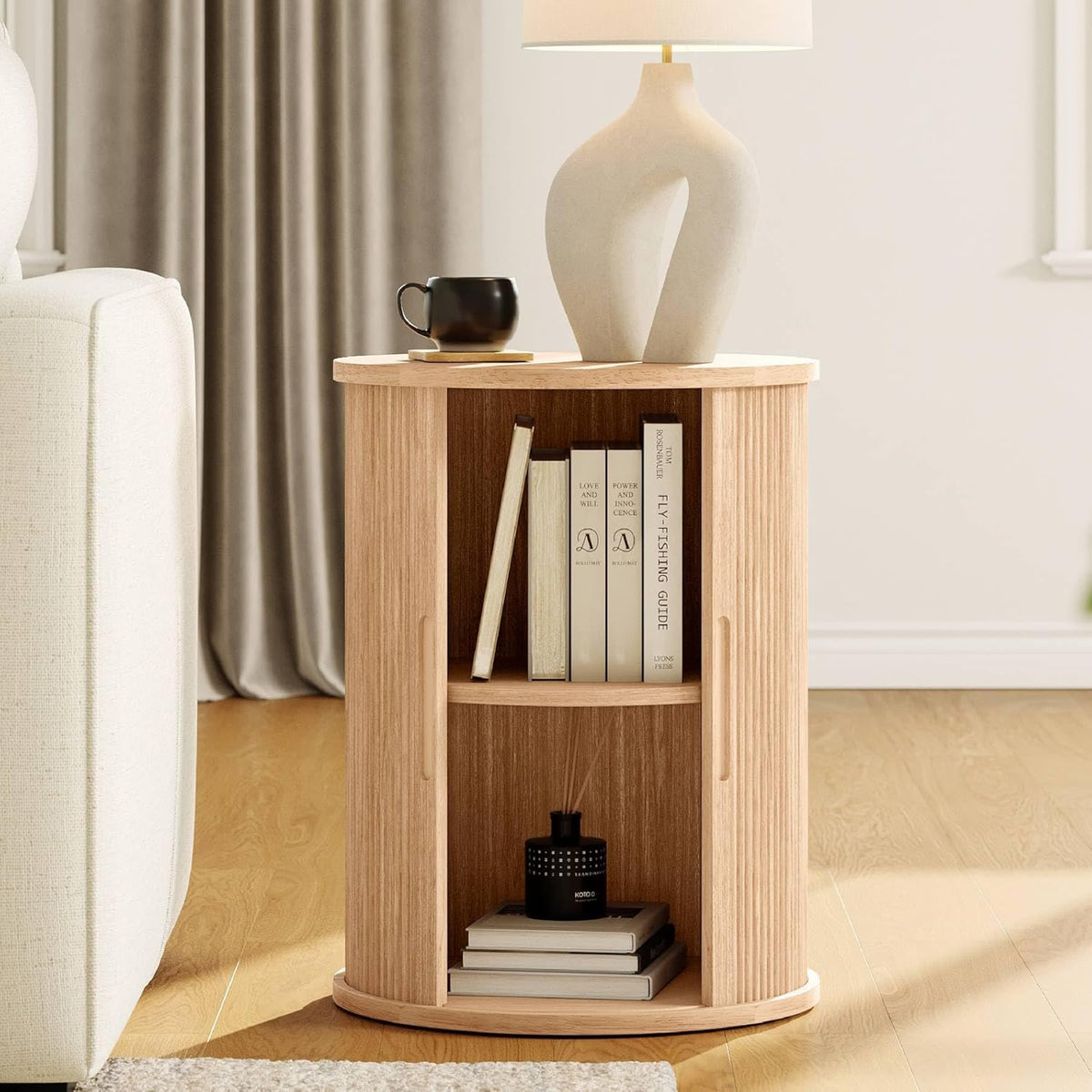 LINSY HOME Round Fluted End Table, Tall Side Table with Sliding Tambour Door and Storage Shelf