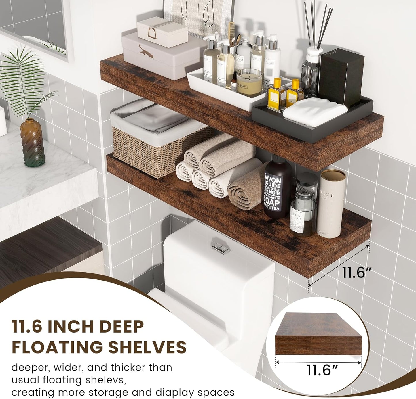 Deep Floating Shelves, 12 Inch Deep Rustic Floating Shelves for Wall Set of 2, 36W x 12D Large Wood