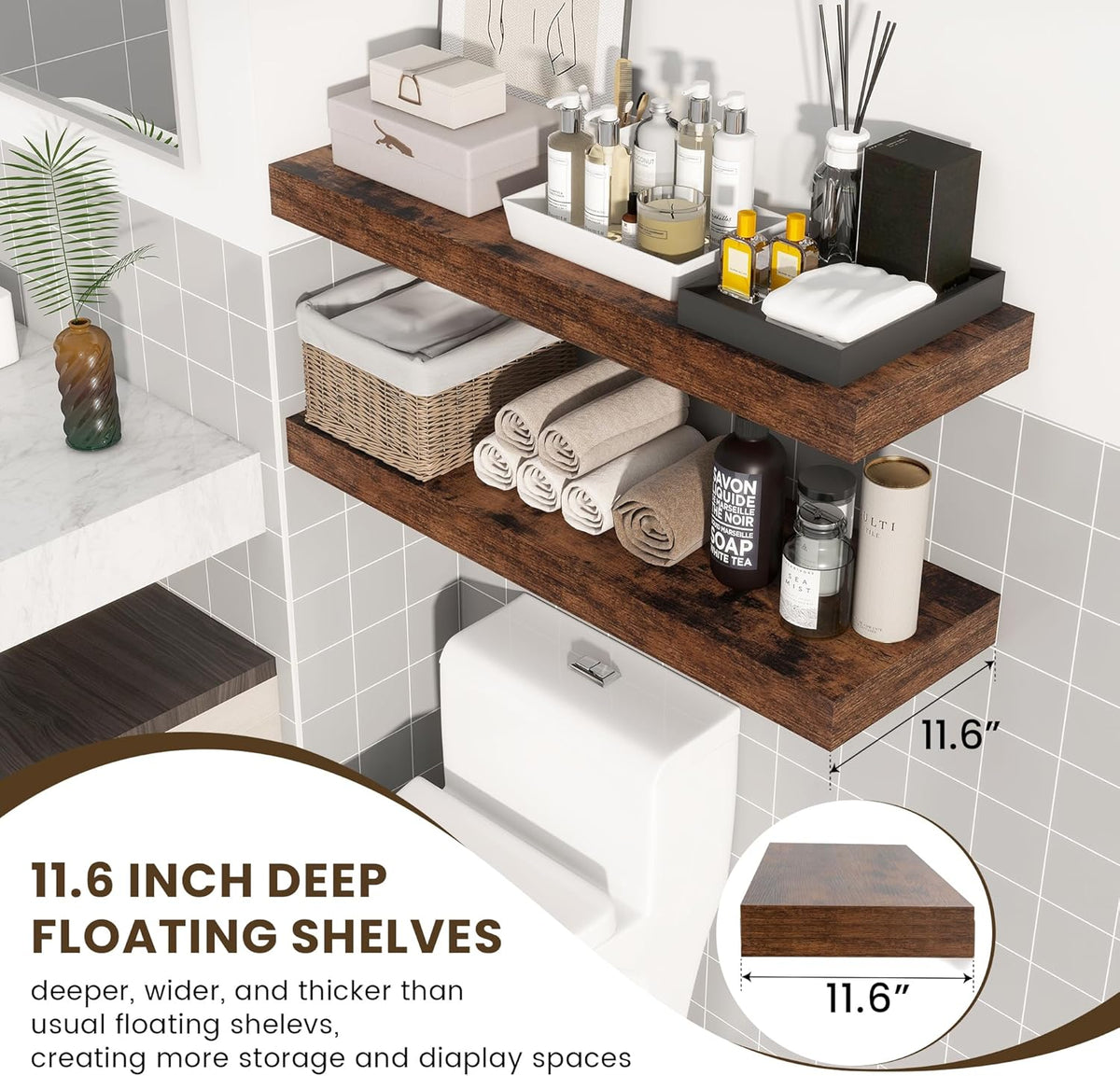 Deep Floating Shelves, 12 Inch Deep Rustic Floating Shelves for Wall Set of 2, 36W x 12D Large Wood