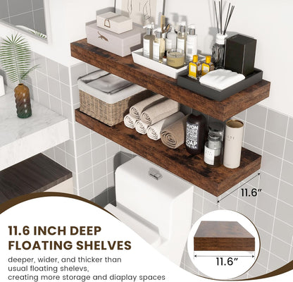 Deep Floating Shelves, 12 Inch Deep Rustic Floating Shelves for Wall Set of 2, 36W x 12D Large Wood