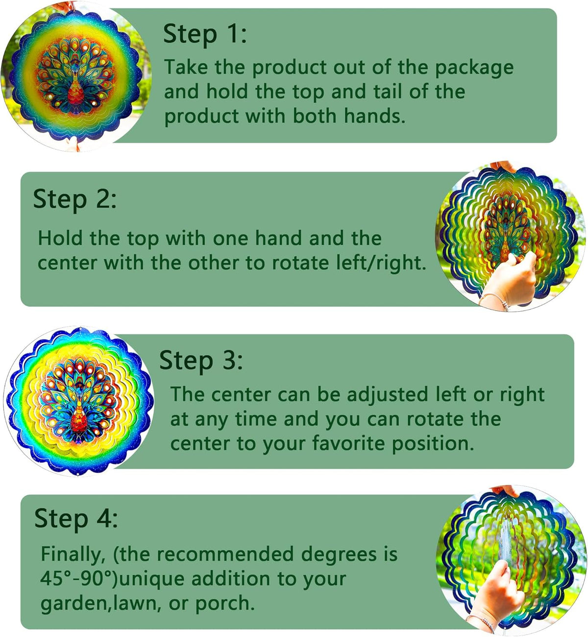 Peacock Hanging Wind Spinners,12 Inch 3D Garden Spinner Kinetic Art Garden Decorations，Stainless