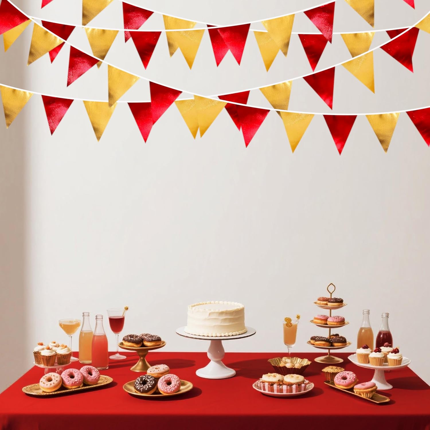 Red Gold Party Decorations Metallic Fabric Triangle Pennant Banner Flag Bunting Garland for