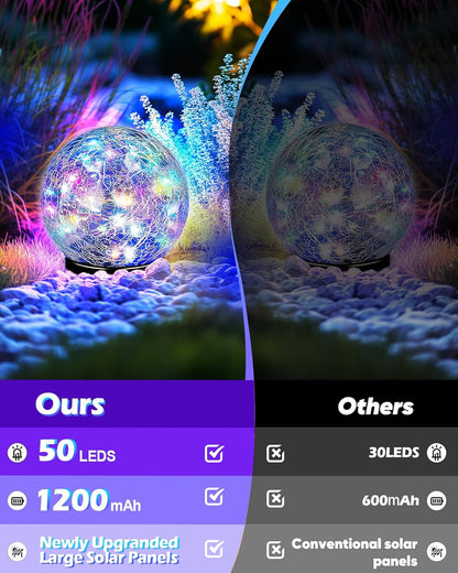 Garden Solar Ball Lights Outdoor Waterproof, 50 LED Cracked Glass Globe Solar Power Ground Lights