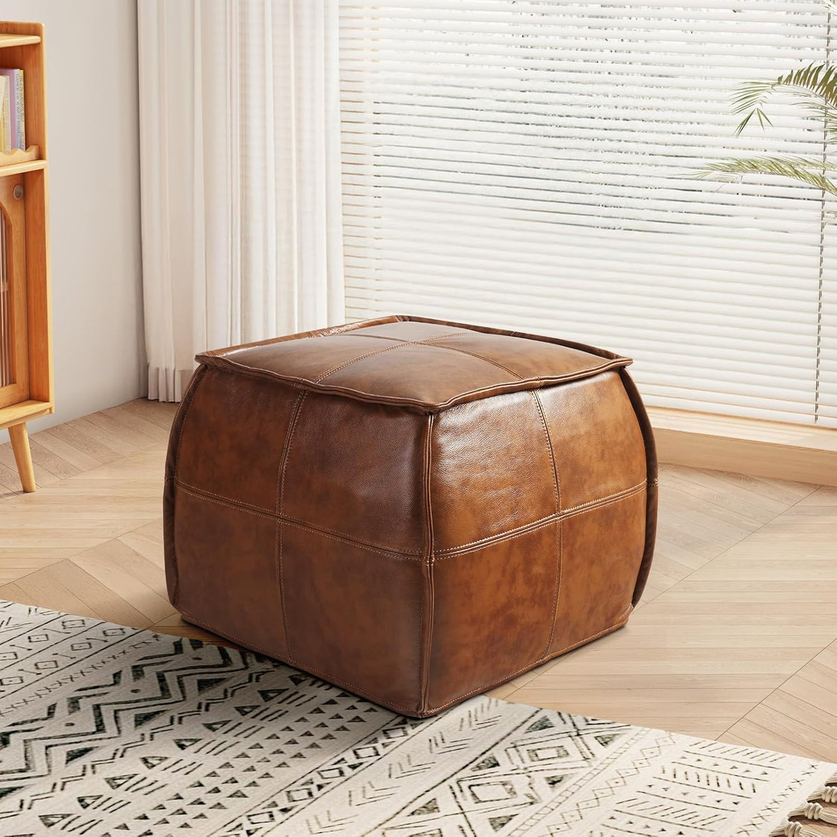 Leather Ottoman,Handmade Stuffed Square Ottoman,Genuine Leather Pouf, Foot Rest Pouf,Comfortable