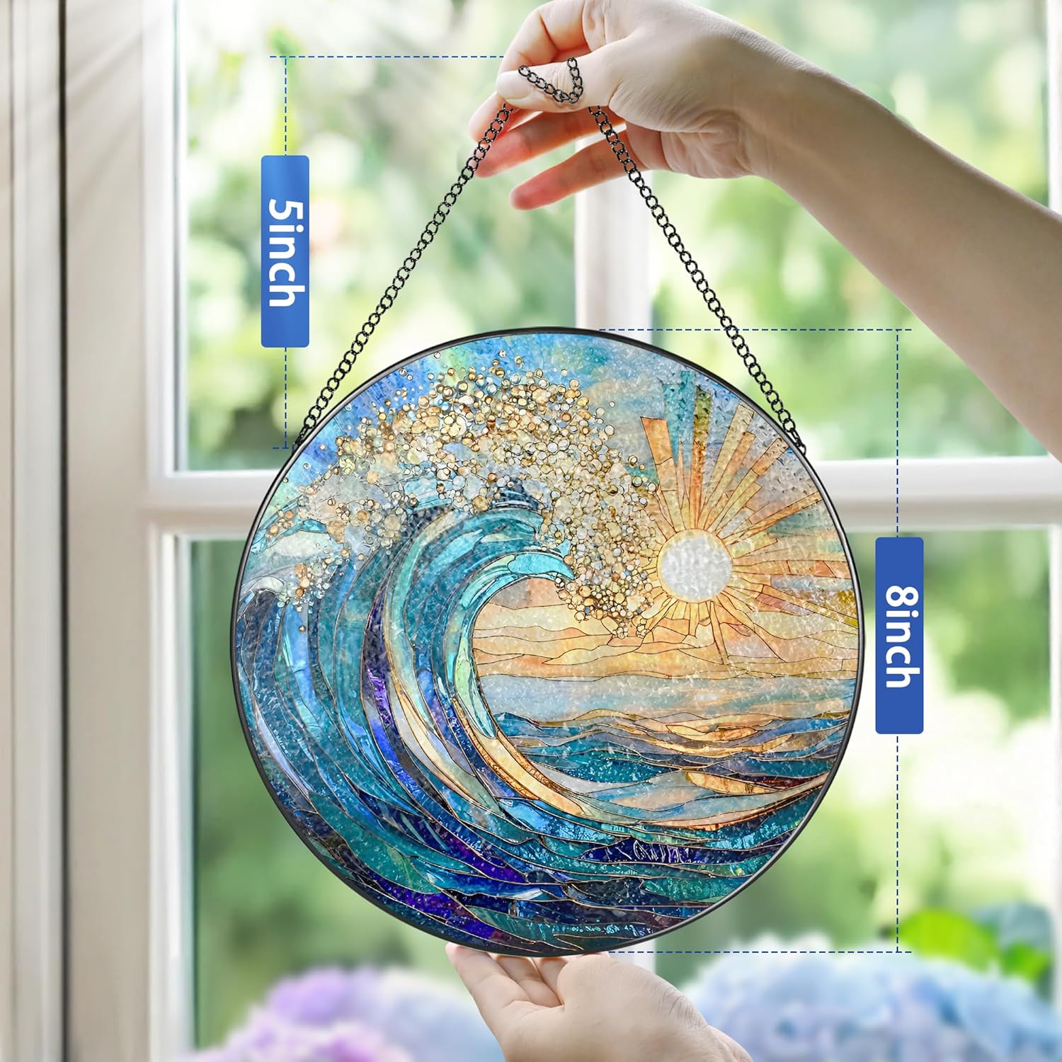 Sea Wave Stained Glass Suncatcher, 8 Inch Ocean Suncatchers for Window Hanging, Beach Lover Gifts