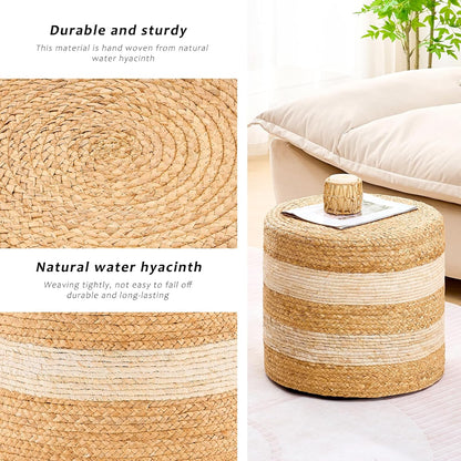 Handwoven Ottoman Pouf, Natural Water Hyacinth Footstool, Round Braided Outdoor Seat with Sturdy