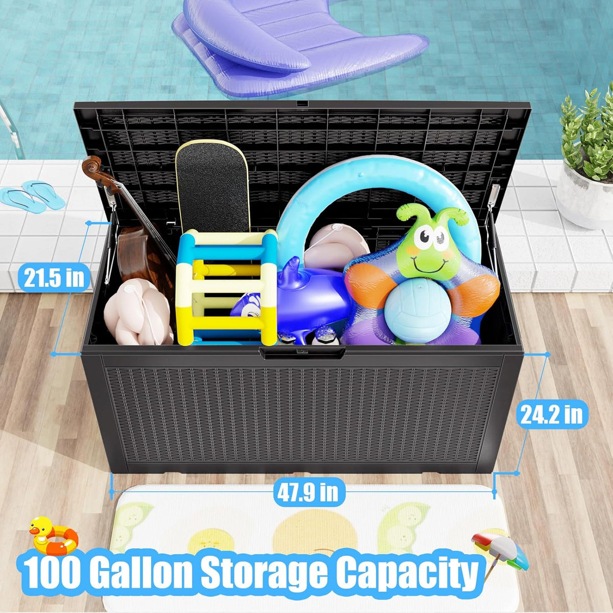 100 Gallon Deck Box,Resin Outdoor Storage Box with Lockable for Patio Furniture, Pool Accessories