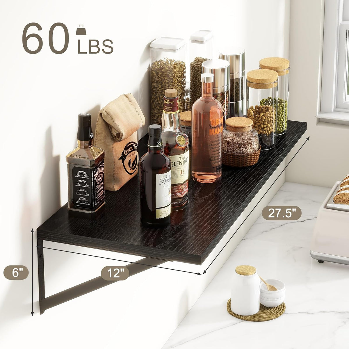 Fun Memories 27.5" W x12 D Floating Shelves, Black Wall Shelf with Brackets, 12 Inch Deep Floating