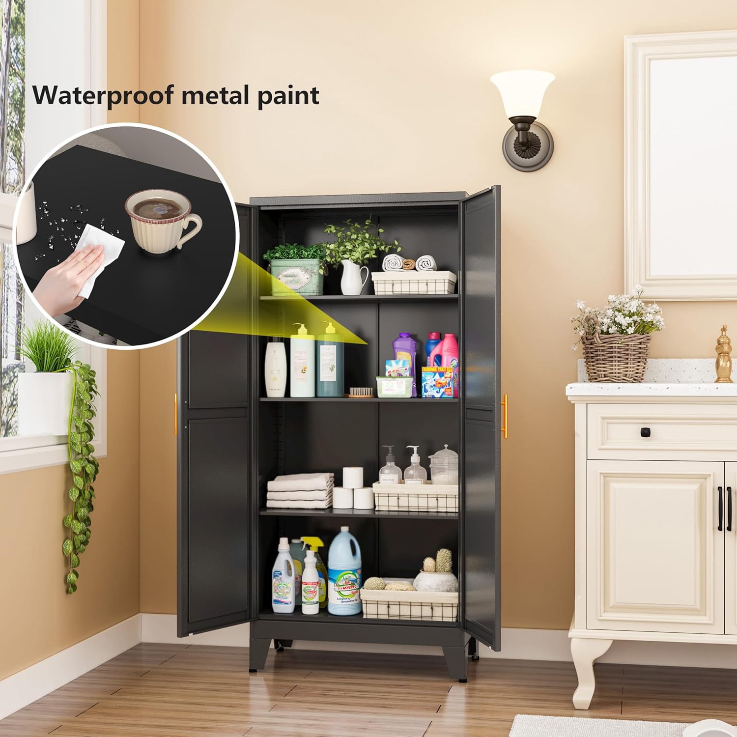 Black Metal Storage Cabinet, 48" Steel Cabinets for Home Office, Kitchen Pantry Storage Cabinet