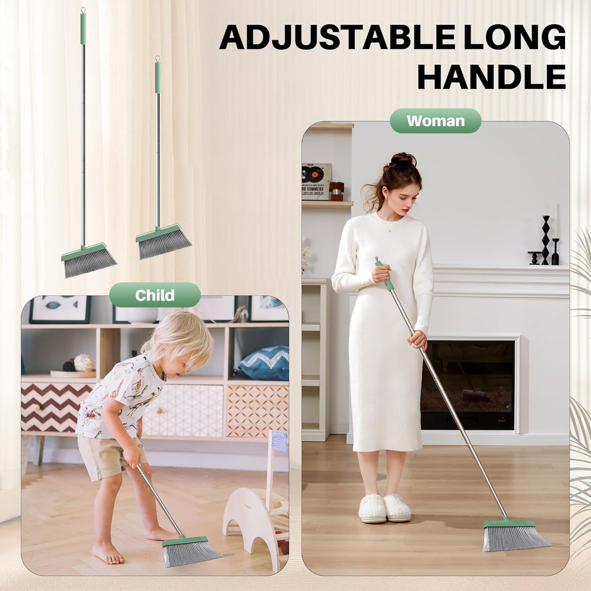 JOYMOOP Dark Teal Green Broom and Dustpan Set with 56” Handle, Upright Angle with Comb Teeth for
