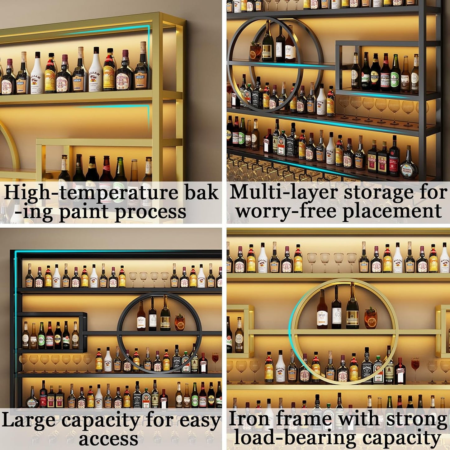 55.1in Wall Mounted Wine Rack, Modern Metal Wine Bottle and Glass Holder, Iron Display Stand