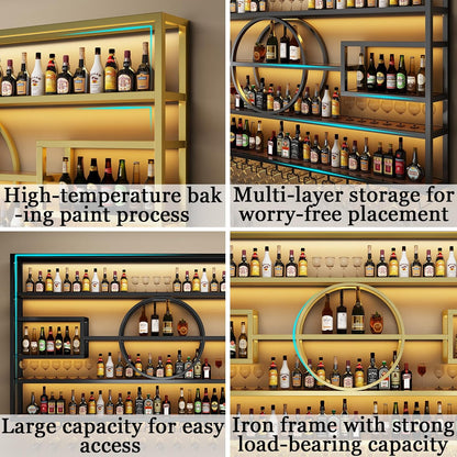 55.1in Wall Mounted Wine Rack, Modern Metal Wine Bottle and Glass Holder, Iron Display Stand