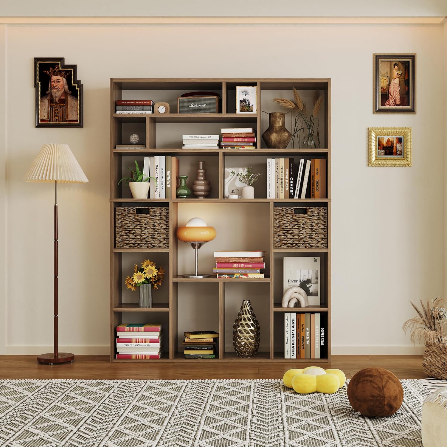 71” Tall Wooden Bookcase 6-Tier Large Bookshelves with 2 Woven Baskets, 55" Wide Floor Standing