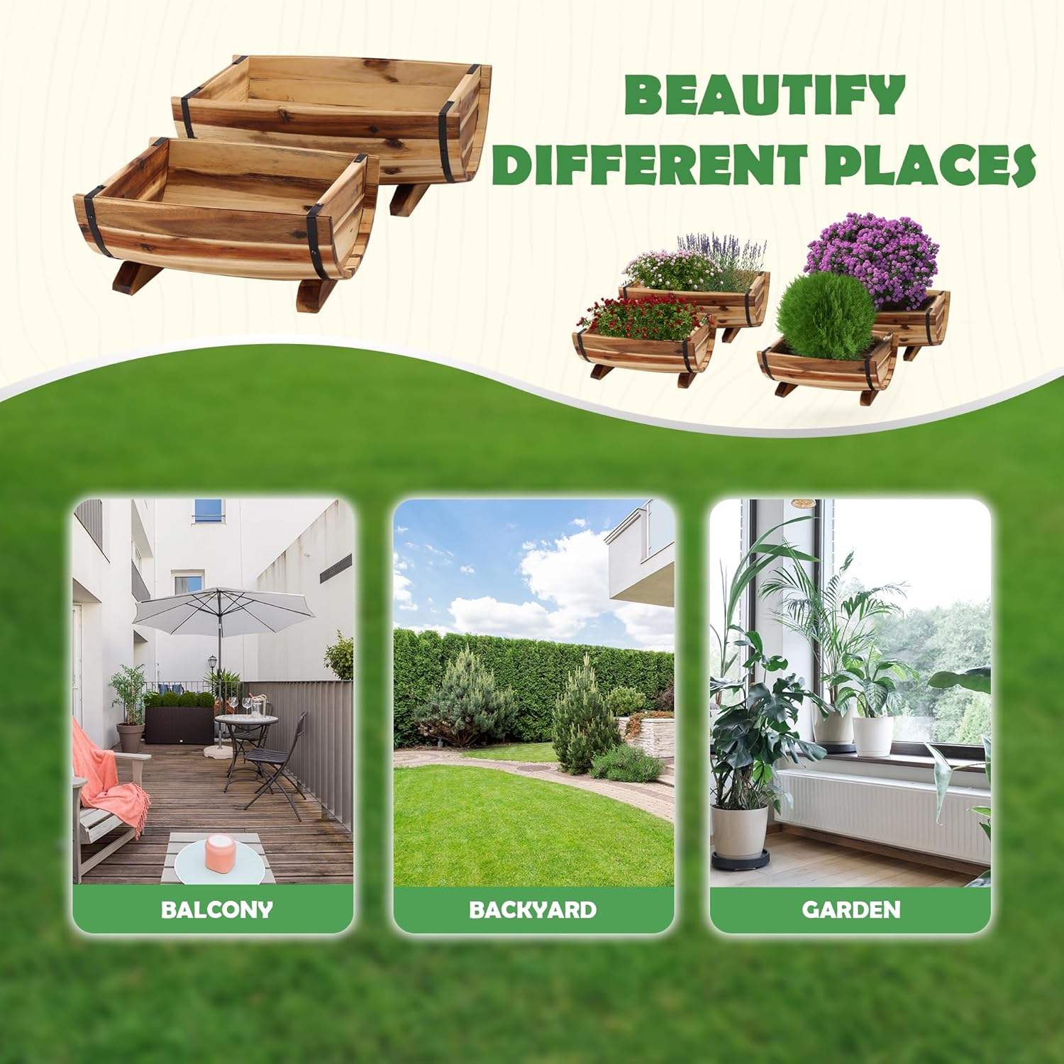 IDZO Solid Acacia Wood Half Barrel Planters Outdoor Set of 2 Different Sizes, Wooden Planters for