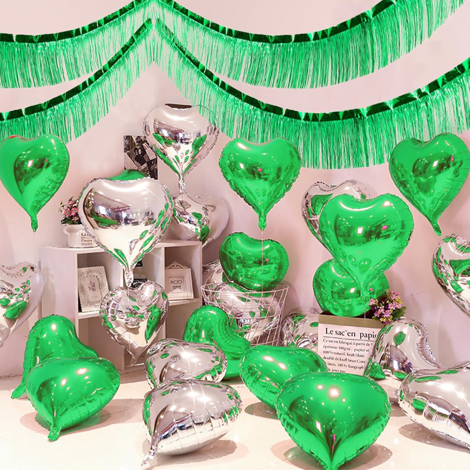 Green Foil Fringe Garland 10FT 6packs, Metallic Foil Tinsel Fringe Banners for Parade Float